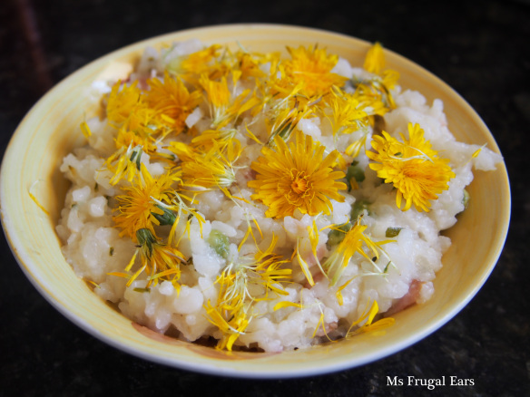 Risotto topped with dandelions